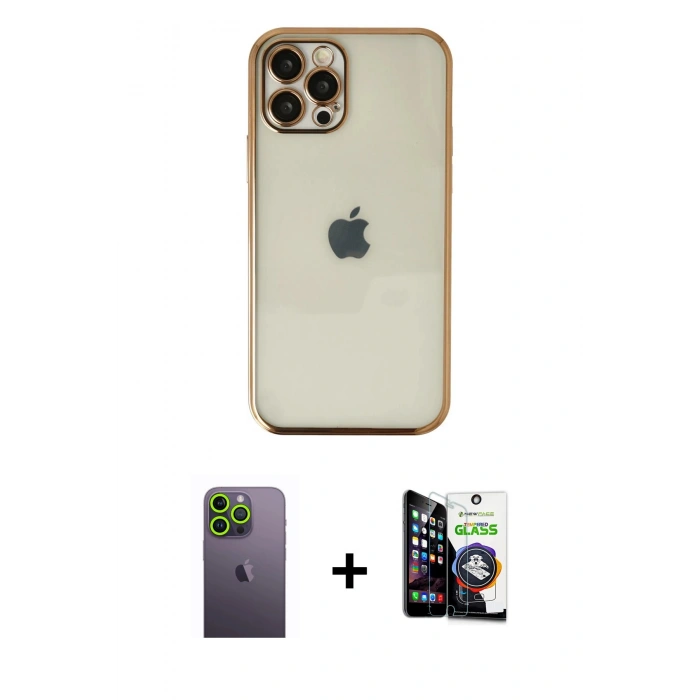MARSİLYAN™- iPhone 12 Pro Max Kılıf Vadi Minimal - Şeffaf Temperli Cam Ekran Koruyucu + Neon Fosforlu Kamera Lens - YL