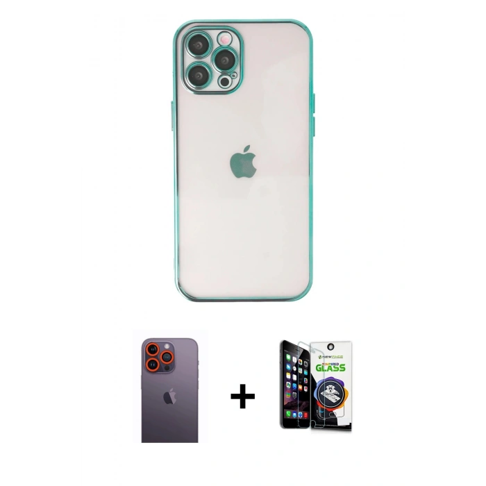 MARSİLYAN™- iPhone 12 Pro Max Kılıf Vadi Minimal - Şeffaf Temperli Cam Ekran Koruyucu + Neon Fosforlu Kamera Lens - TU