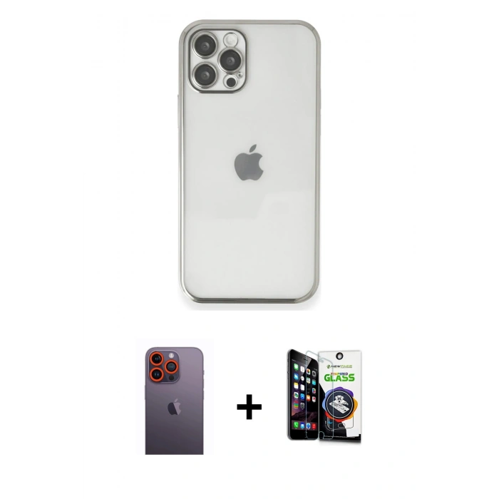 MARSİLYAN™- iPhone 12 Pro Max Kılıf Vadi Minimal - Şeffaf Temperli Cam Ekran Koruyucu + Neon Fosforlu Kamera Lens - TU