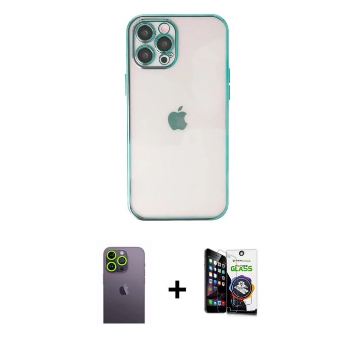 MARSİLYAN™- iPhone 12 Pro Max Kılıf Vadi Minimal - Şeffaf Temperli Cam Ekran Koruyucu + Neon Fosforlu Kamera Lens - YL