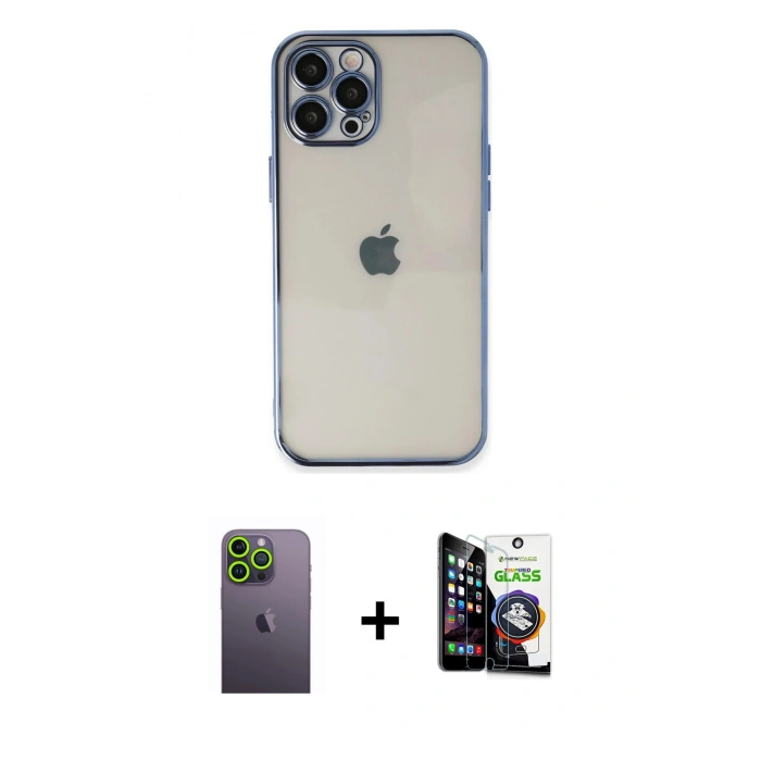 MARSİLYAN™- iPhone 12 Pro Max Kılıf Vadi Minimal - Şeffaf Temperli Cam Ekran Koruyucu + Neon Fosforlu Kamera Lens - YL