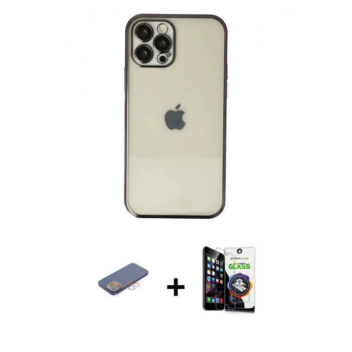 MARSİLYAN™- iPhone 12 Pro Max Kılıf Vadi Minimal - Şeffaf Temperli Cam Ekran Koruyucu + Renkli Kamera Lens Koruma Cam - PE