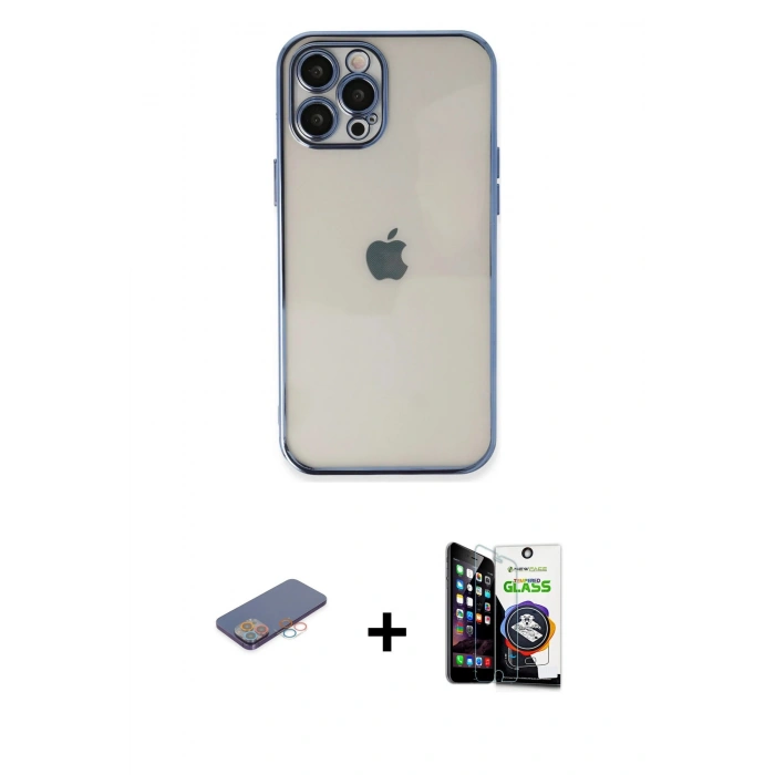 MARSİLYAN™- iPhone 12 Pro Max Kılıf Vadi Minimal - Şeffaf Temperli Cam Ekran Koruyucu + Renkli Kamera Lens Koruma Cam - PE
