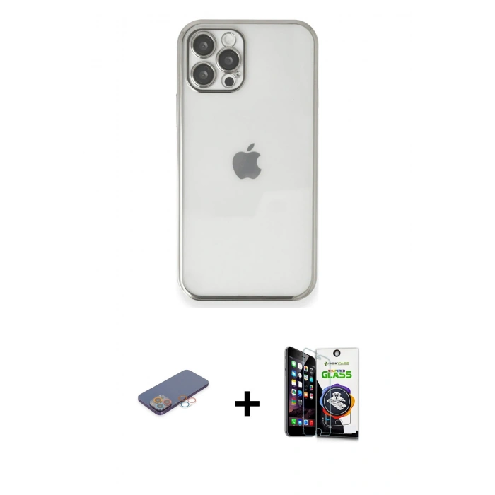 MARSİLYAN™- iPhone 12 Pro Max Kılıf Vadi Minimal - Şeffaf Temperli Cam Ekran Koruyucu + Renkli Kamera Lens Koruma Cam - PE