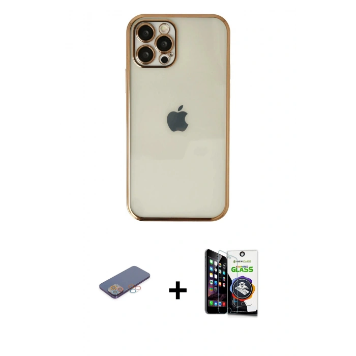 MARSİLYAN™- iPhone 12 Pro Max Kılıf Vadi Minimal - Şeffaf Temperli Cam Ekran Koruyucu + Renkli Kamera Lens Koruma Cam - PE