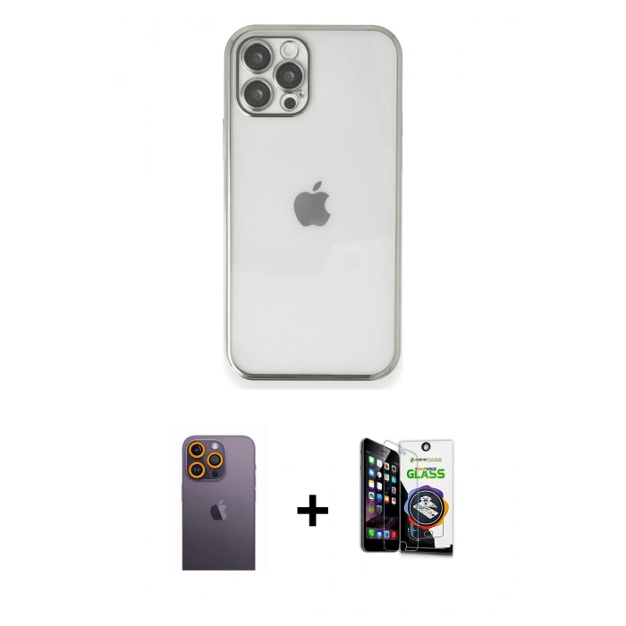 MARSİLYAN™- iPhone 12 Pro Max Kılıf Vadi Minimal - Şeffaf Temperli Cam Ekran Koruyucu + Neon Fosforlu Kamera Lens - SI