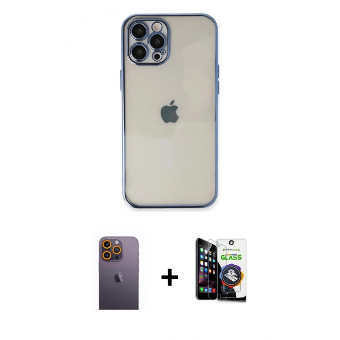 MARSİLYAN™- iPhone 12 Pro Max Kılıf Vadi Minimal - Şeffaf Temperli Cam Ekran Koruyucu + Neon Fosforlu Kamera Lens - SI