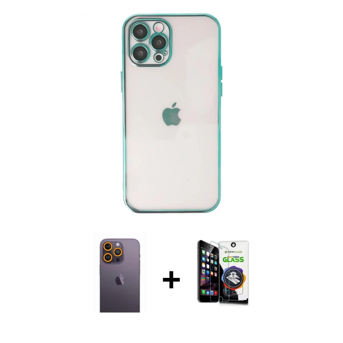 MARSİLYAN™- iPhone 12 Pro Max Kılıf Vadi Minimal - Şeffaf Temperli Cam Ekran Koruyucu + Neon Fosforlu Kamera Lens - SI