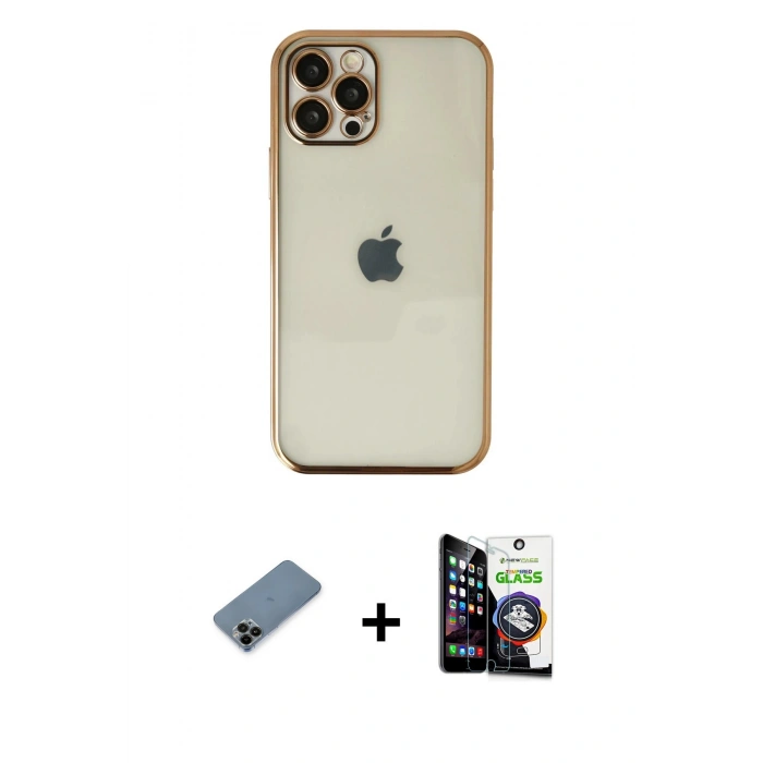 MARSİLYAN™- iPhone 12 Pro Max Kılıf Vadi Minimal - Şeffaf Temperli Cam Ekran Koruyucu + Siyah Shine Kamera Lens Koruma Cam