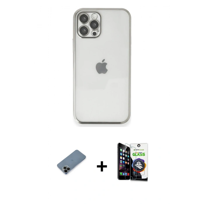 MARSİLYAN™- iPhone 12 Pro Max Kılıf Vadi Minimal - Şeffaf Temperli Cam Ekran Koruyucu + Siyah Shine Kamera Lens Koruma Cam