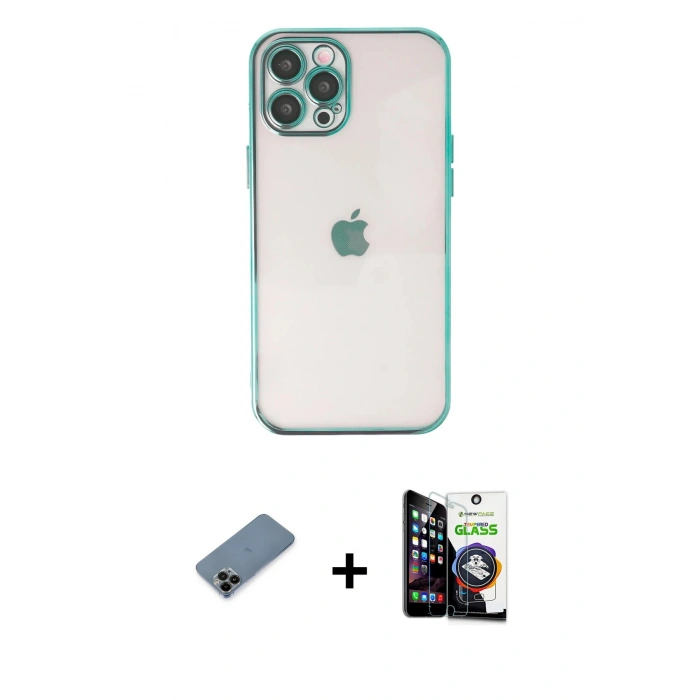 MARSİLYAN™- iPhone 12 Pro Max Kılıf Vadi Minimal - Şeffaf Temperli Cam Ekran Koruyucu + Siyah Shine Kamera Lens Koruma Cam