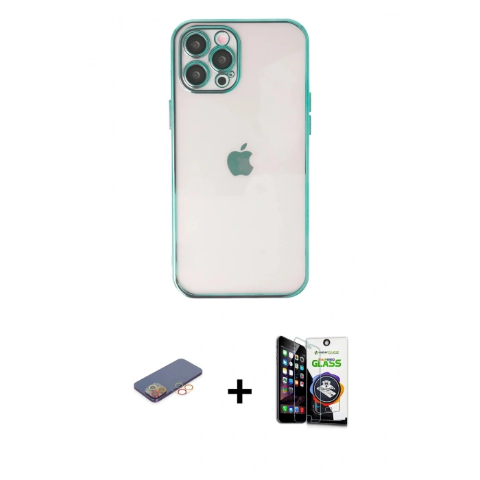 MARSİLYAN™- iPhone 12 Pro Max Kılıf Vadi Minimal - Şeffaf Temperli Cam Ekran Koruyucu + Renkli Kamera Lens Koruma Cam - TU
