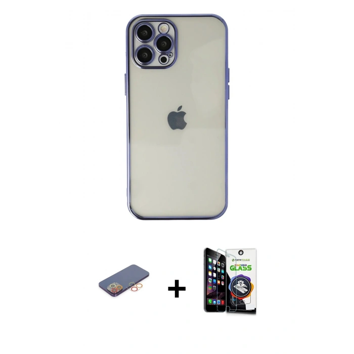MARSİLYAN™- iPhone 12 Pro Max Kılıf Vadi Minimal - Şeffaf Temperli Cam Ekran Koruyucu + Renkli Kamera Lens Koruma Cam - TU