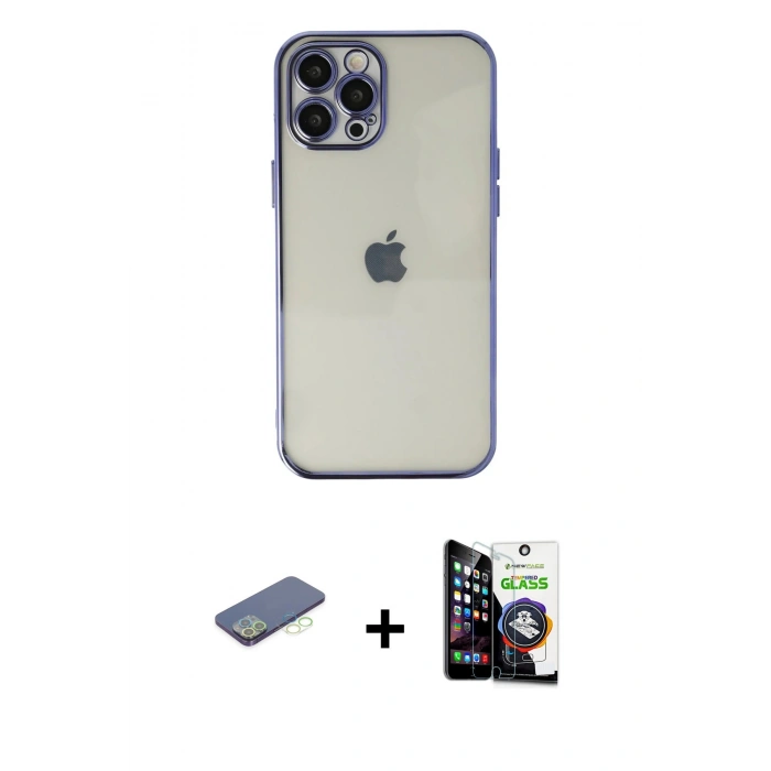 MARSİLYAN™- iPhone 12 Pro Max Kılıf Vadi Minimal - Şeffaf Temperli Cam Ekran Koruyucu + Renkli Kamera Lens Koruma Cam - YL