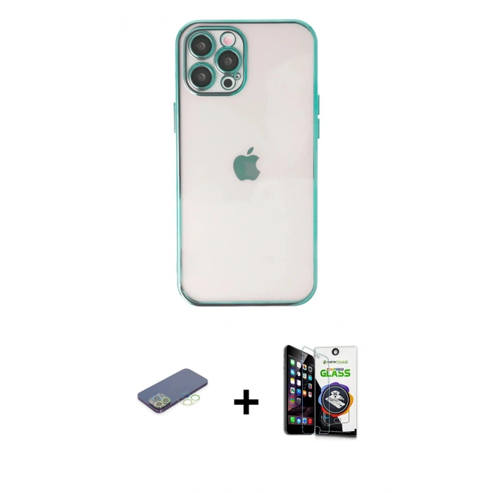 MARSİLYAN™- iPhone 12 Pro Max Kılıf Vadi Minimal - Şeffaf Temperli Cam Ekran Koruyucu + Renkli Kamera Lens Koruma Cam - YL