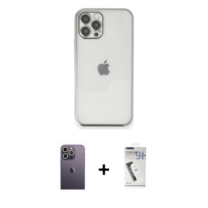 MARSİLYAN™- iPhone 12 Pro Max Kılıf Vadi Minimal - Şeffaf Uv Polymer Nano Ekran Koruyucu + Neon Fosforlu Kamera Lens - BZ