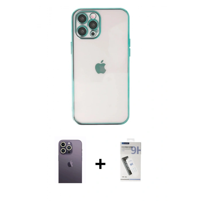 MARSİLYAN™- iPhone 12 Pro Max Kılıf Vadi Minimal - Şeffaf Uv Polymer Nano Ekran Koruyucu + Neon Fosforlu Kamera Lens - BZ