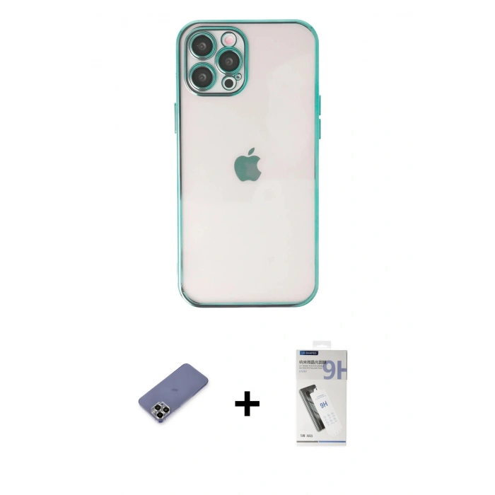 MARSİLYAN™- iPhone 12 Pro Max Kılıf Vadi Minimal - Şeffaf Uv Polymer Nano Ekran Koruyucu + Metal Kamera Lens Koruma Cam - GD