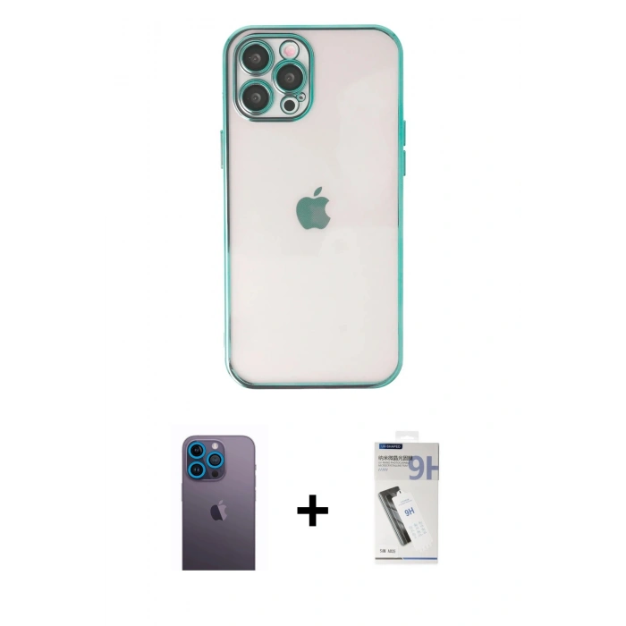 MARSİLYAN™- iPhone 12 Pro Max Kılıf Vadi Minimal - Şeffaf Uv Polymer Nano Ekran Koruyucu + Neon Fosforlu Kamera Lens - MI