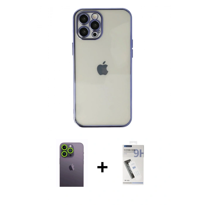MARSİLYAN™- iPhone 12 Pro Max Kılıf Vadi Minimal - Şeffaf Uv Polymer Nano Ekran Koruyucu + Neon Fosforlu Kamera Lens - YL