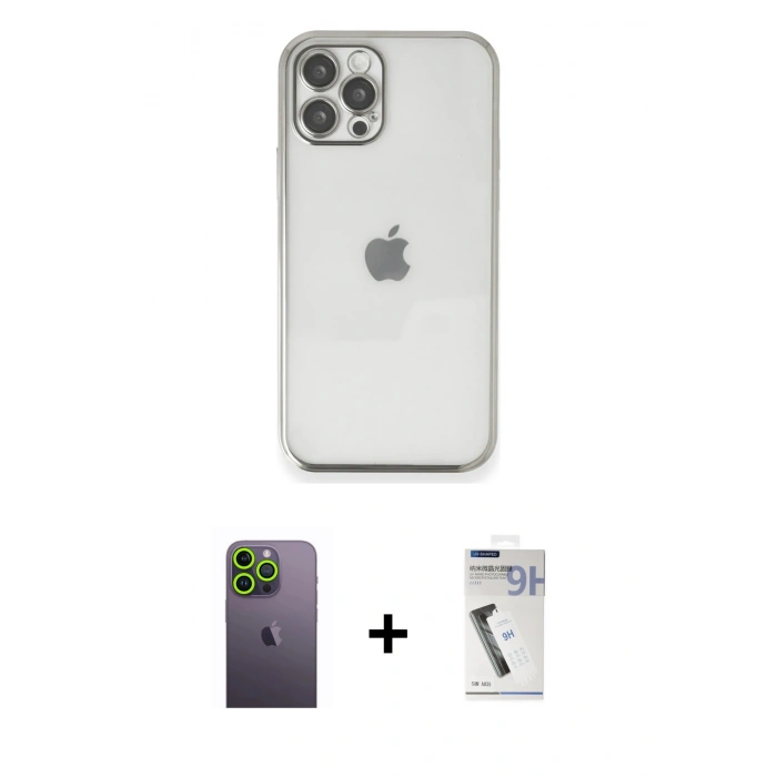MARSİLYAN™- iPhone 12 Pro Max Kılıf Vadi Minimal - Şeffaf Uv Polymer Nano Ekran Koruyucu + Neon Fosforlu Kamera Lens - YL