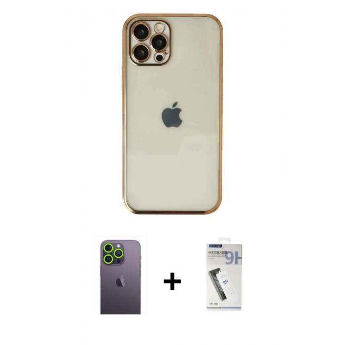 MARSİLYAN™- iPhone 12 Pro Max Kılıf Vadi Minimal - Şeffaf Uv Polymer Nano Ekran Koruyucu + Neon Fosforlu Kamera Lens - YL