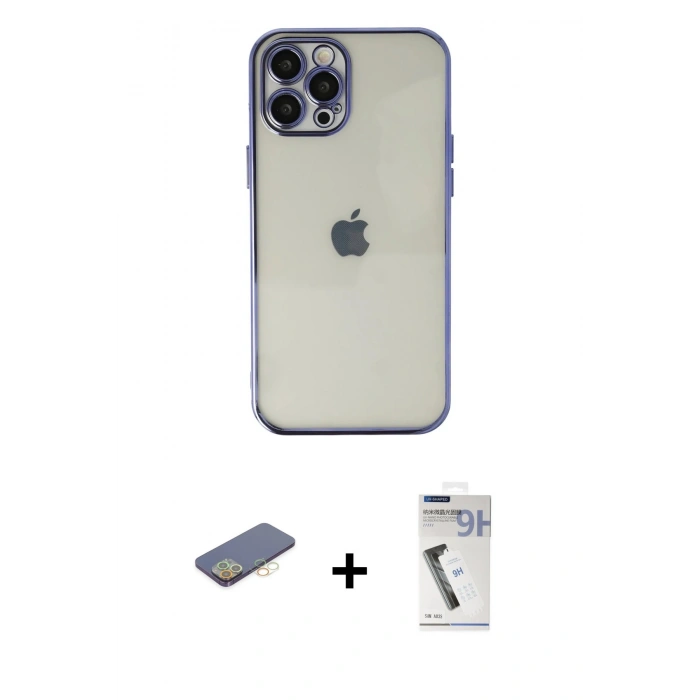 MARSİLYAN™- iPhone 12 Pro Max Kılıf Vadi Minimal - Şeffaf Uv Polymer Nano Ekran Koruyucu + Renkli Kamera Lens Koruma Cam - SI