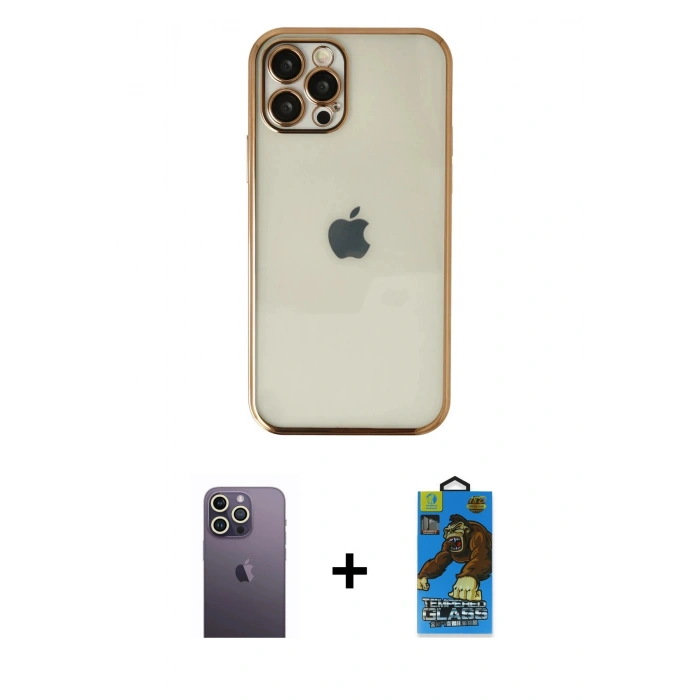 MARSİLYAN™- iPhone 12 Pro Max Kılıf Vadi Minimal - Siyah 18D Cam Ekran Koruyucu + Neon Fosforlu Kamera Lens - BZ