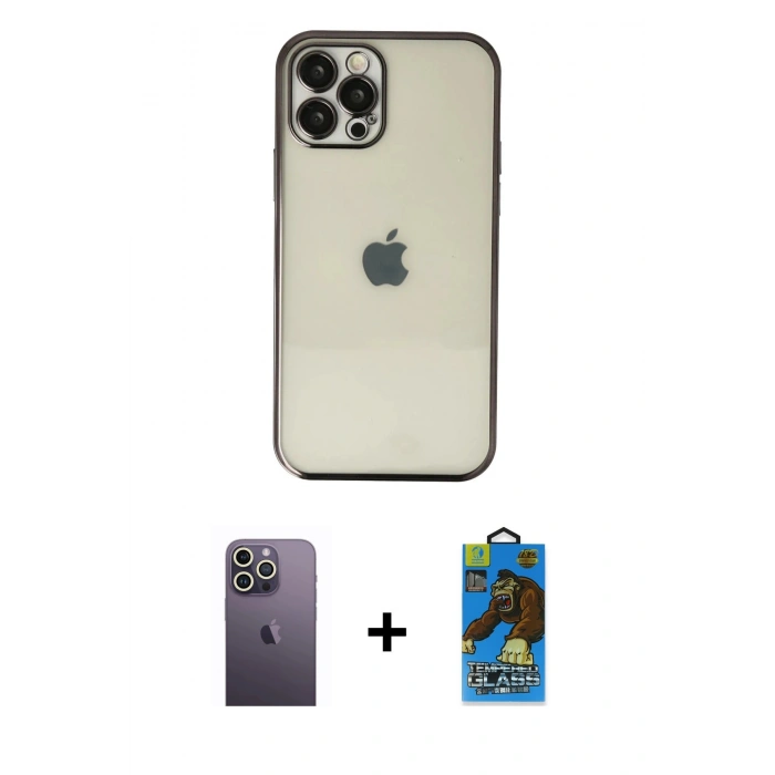 MARSİLYAN™- iPhone 12 Pro Max Kılıf Vadi Minimal - Siyah 18D Cam Ekran Koruyucu + Neon Fosforlu Kamera Lens - BZ