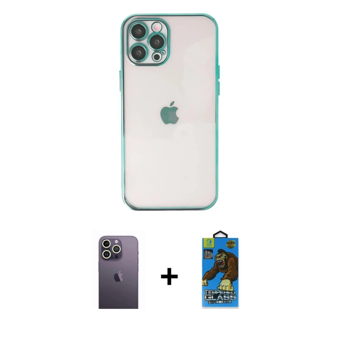 MARSİLYAN™- iPhone 12 Pro Max Kılıf Vadi Minimal - Siyah 18D Cam Ekran Koruyucu + Neon Fosforlu Kamera Lens - BZ