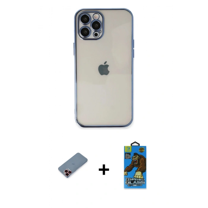 MARSİLYAN™- iPhone 12 Pro Max Kılıf Vadi Minimal - Siyah 18D Cam Ekran Koruyucu + Metal Kamera Lens Koruma Cam - KI