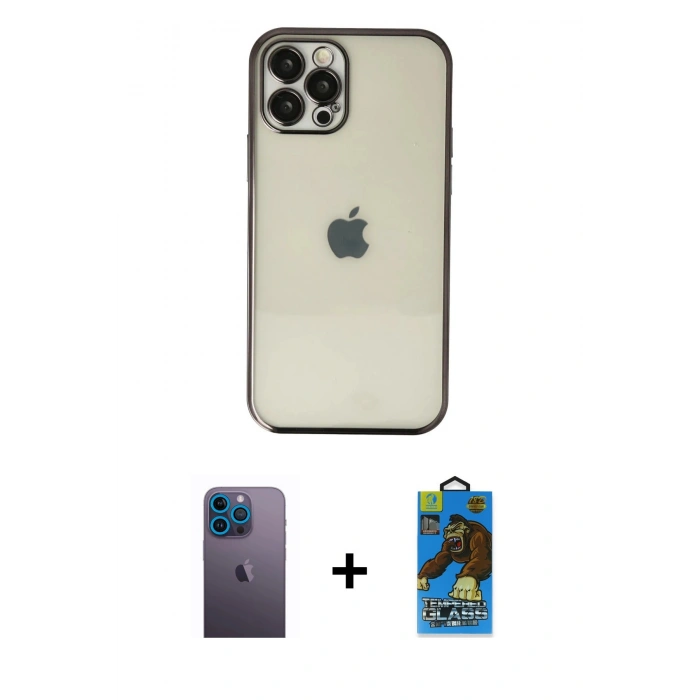 MARSİLYAN™- iPhone 12 Pro Max Kılıf Vadi Minimal - Siyah 18D Cam Ekran Koruyucu + Neon Fosforlu Kamera Lens - MI