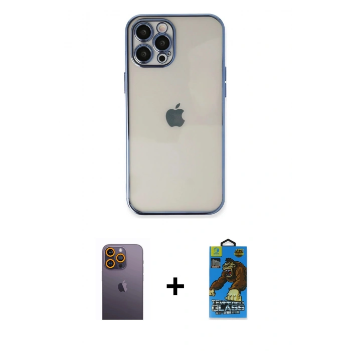MARSİLYAN™- iPhone 12 Pro Max Kılıf Vadi Minimal - Siyah 18D Cam Ekran Koruyucu + Neon Fosforlu Kamera Lens - SI