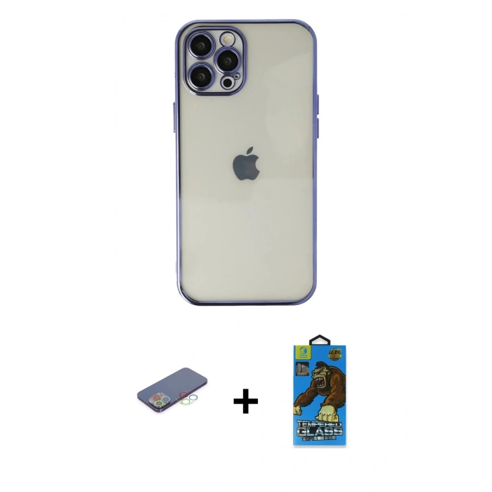 MARSİLYAN™- iPhone 12 Pro Max Kılıf Vadi Minimal - Siyah 18D Cam Ekran Koruyucu + Renkli Kamera Lens Koruma Cam - MI