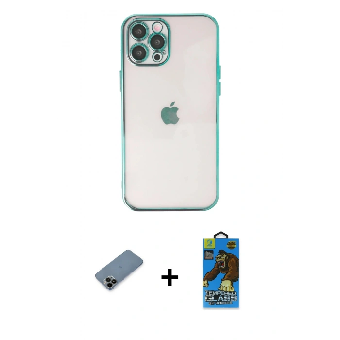 MARSİLYAN™- iPhone 12 Pro Max Kılıf Vadi Minimal - Siyah 18D Cam Ekran Koruyucu + Shine Kamera Lens Koruma Cam - SH