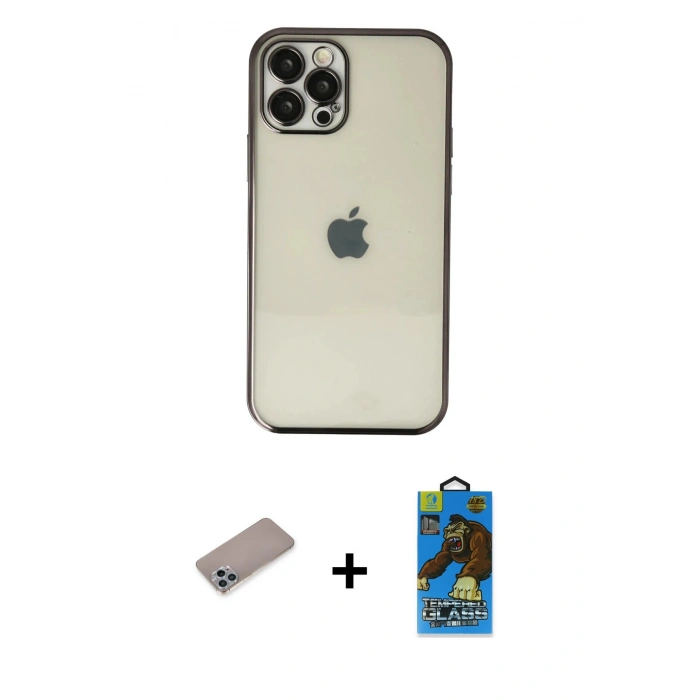 MARSİLYAN™- iPhone 12 Pro Max Kılıf Vadi Minimal - Siyah 18D Cam Ekran Koruyucu + Shine Kamera Lens Koruma Cam - SABE