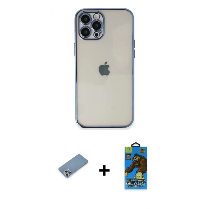 MARSİLYAN™- iPhone 12 Pro Max Kılıf Vadi Minimal - Siyah 18D Cam Ekran Koruyucu + Shine Kamera Lens Koruma Cam - GS