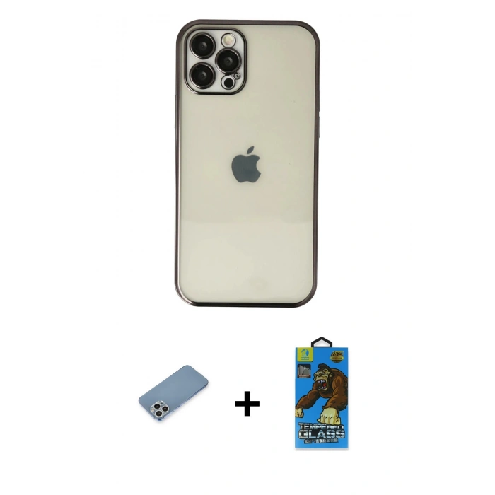 MARSİLYAN™- iPhone 12 Pro Max Kılıf Vadi Minimal - Siyah 18D Cam Ekran Koruyucu + Shine Kamera Lens Koruma Cam - GS