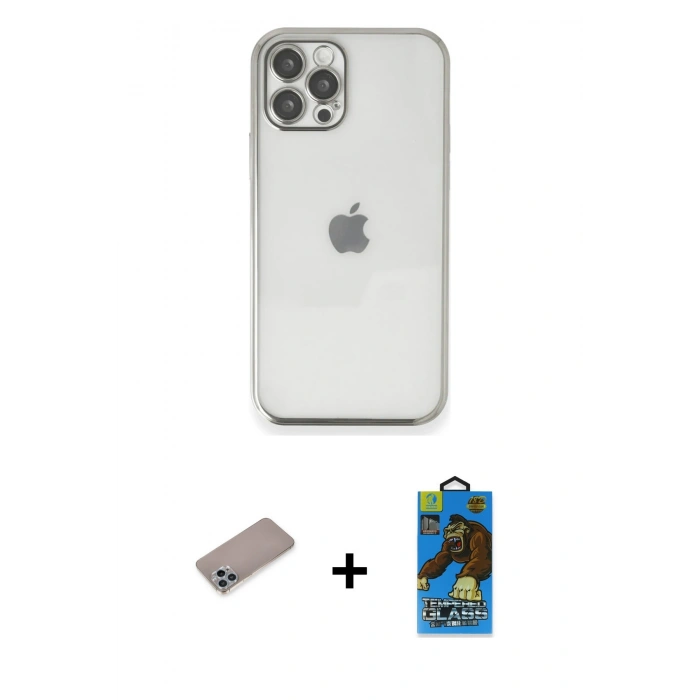 MARSİLYAN™- iPhone 12 Pro Max Kılıf Vadi Minimal - Siyah 18D Cam Ekran Koruyucu + Shine Kamera Lens Koruma Cam - SABE