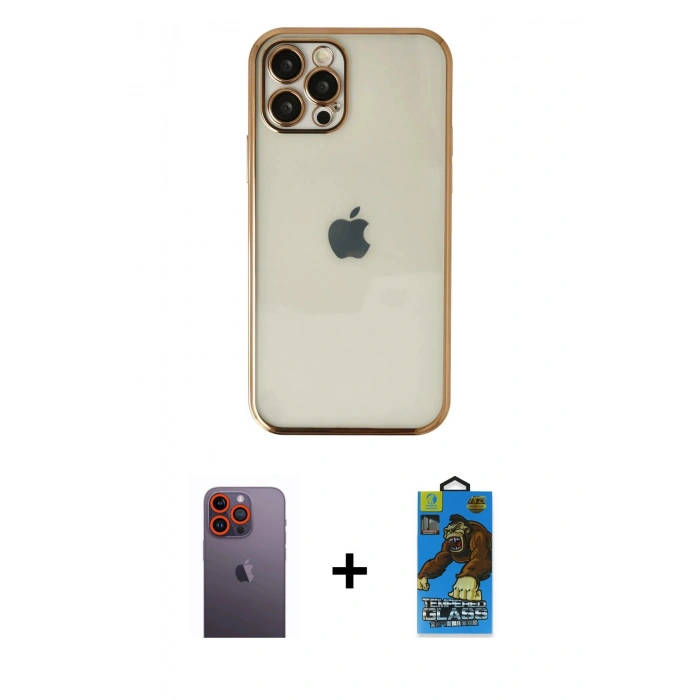 MARSİLYAN™- iPhone 12 Pro Max Kılıf Vadi Minimal - Siyah 18D Cam Ekran Koruyucu + Turuncu Neon Fosforlu Kamera Lens