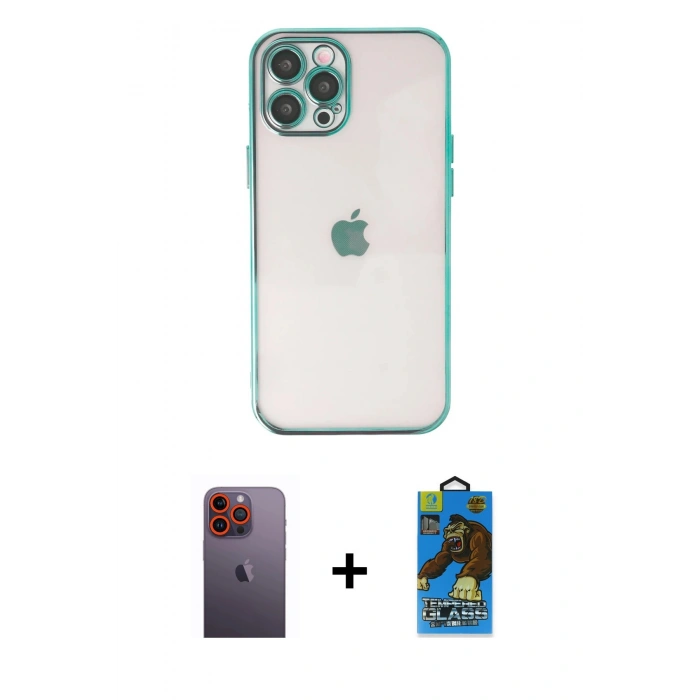 MARSİLYAN™- iPhone 12 Pro Max Kılıf Vadi Minimal - Siyah 18D Cam Ekran Koruyucu + Turuncu Neon Fosforlu Kamera Lens