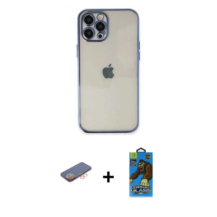 MARSİLYAN™- iPhone 12 Pro Max Kılıf Vadi Minimal - Siyah 18D Cam Ekran Koruyucu + Renkli Kamera Lens Koruma Cam - TU