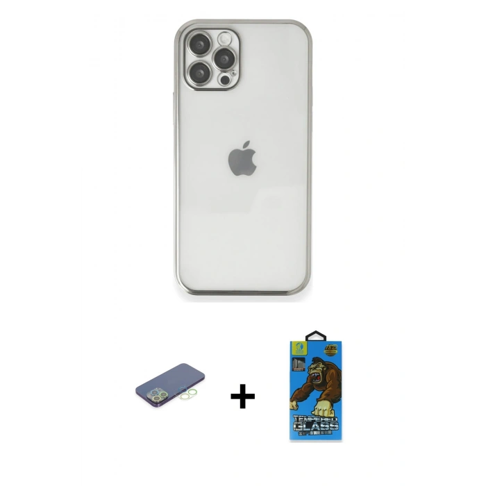 MARSİLYAN™- iPhone 12 Pro Max Kılıf Vadi Minimal - Siyah 18D Cam Ekran Koruyucu + Renkli Kamera Lens Koruma Cam - YL