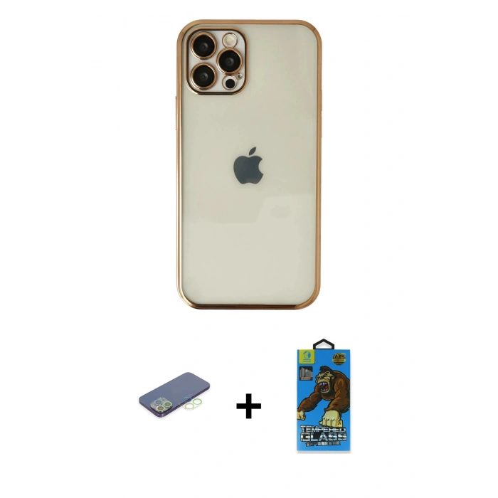 MARSİLYAN™- iPhone 12 Pro Max Kılıf Vadi Minimal - Siyah 18D Cam Ekran Koruyucu + Renkli Kamera Lens Koruma Cam - YL