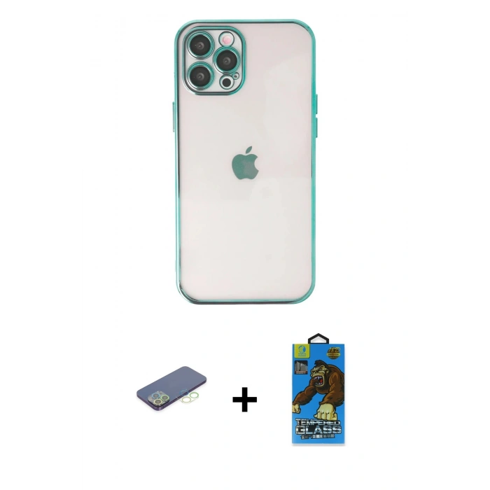 MARSİLYAN™- iPhone 12 Pro Max Kılıf Vadi Minimal - Siyah 18D Cam Ekran Koruyucu + Renkli Kamera Lens Koruma Cam - YL