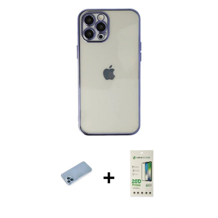 MARSİLYAN™- iPhone 12 Pro Max Kılıf Vadi Minimal - Siyah 20D Premium Cam Ekran Koruyucu + Mavi Shine Kamera Lens Koruma Cam