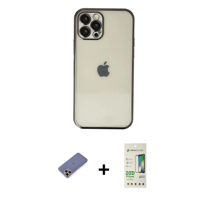 MARSİLYAN™- iPhone 12 Pro Max Kılıf Vadi Minimal - Siyah 20D Premium Cam Ekran Koruyucu + Metal Kamera Lens Koruma Cam - GD