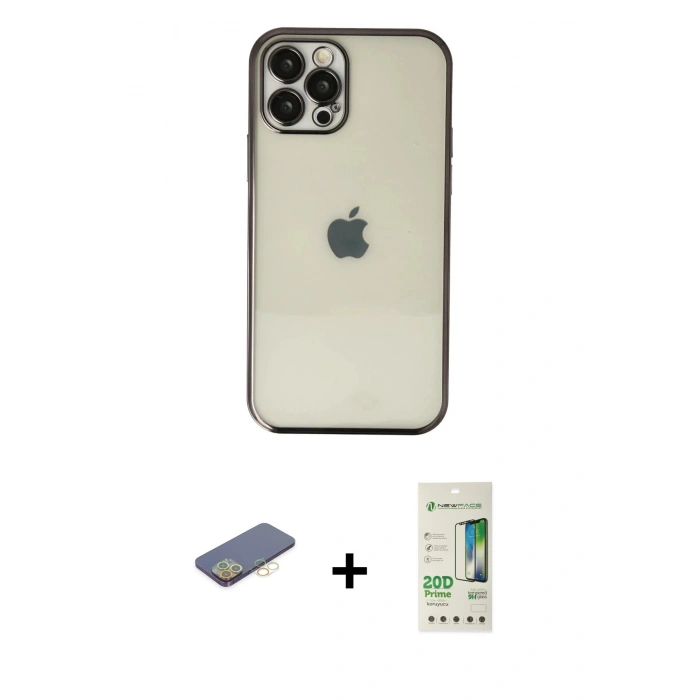 MARSİLYAN™- iPhone 12 Pro Max Kılıf Vadi Minimal - Siyah 20D Premium Cam Ekran Koruyucu + Renkli Kamera Lens Koruma Cam - SI