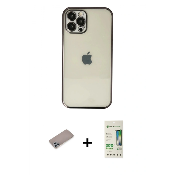 MARSİLYAN™- iPhone 12 Pro Max Kılıf Vadi Minimal - Siyah 20D Premium Cam Ekran Koruyucu + Shine Kamera Lens Koruma Cam - SABE