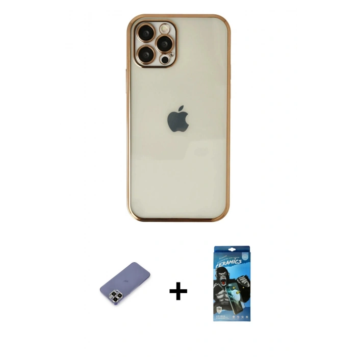 MARSİLYAN™- iPhone 12 Pro Max Kılıf Vadi Minimal - Siyah 34D Izgaralı Cam + Metal Kamera Lens Koruma Cam - GD